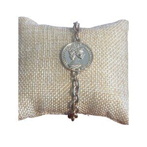 Aldo Gold Tone Coin Chain Bracelet Elizabeth Half Penny Layer Adj 7.5" + 2"